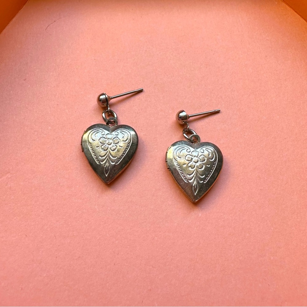 Vintage silver heart locket earrings